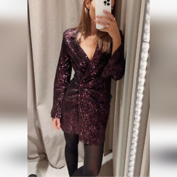 ZARA NWT WOMAN SEQUIN COLLAR BLAZER MINI DRESS Purple Size Medium Purple - Picture 15 of 16